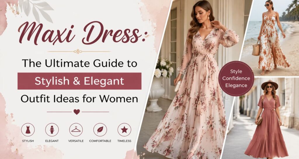 Stylish and elegant maxi dress outfit ideas for women featuring floral, casual, and beach maxi styles in a modern fashion guide layout