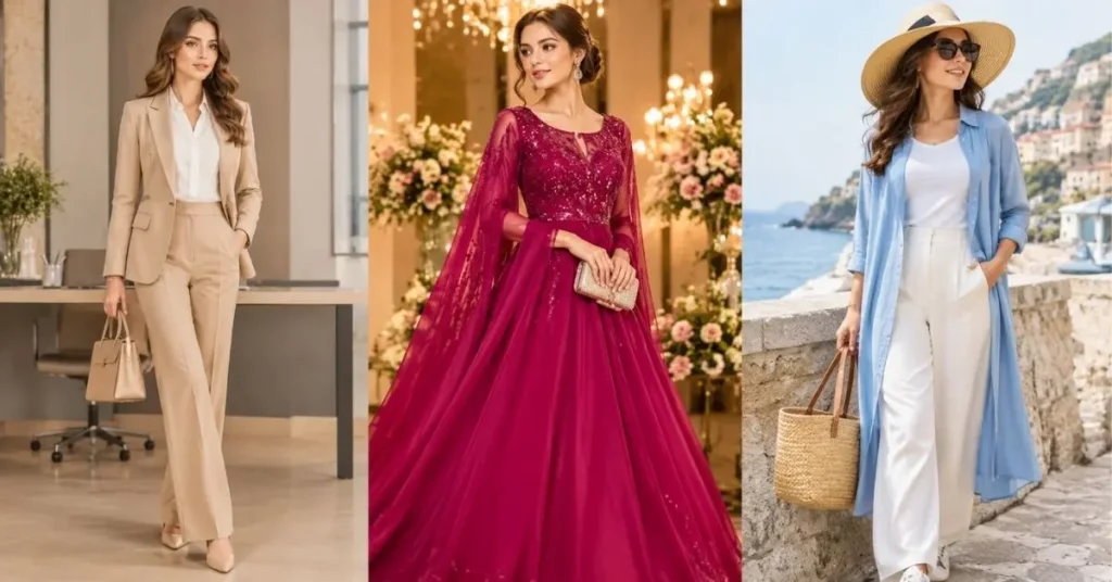 Modern fashion outfits for workwear, party wear, and travel occasions.