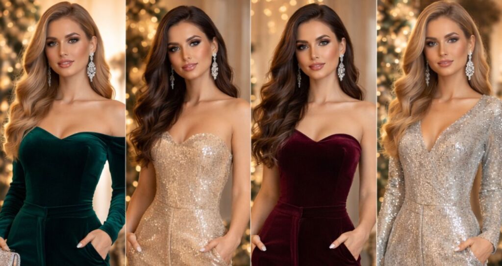 "Cozy yet glamorous winter party dress"