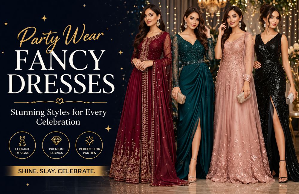 "Stylish party wear dresses for women, perfect for evening events, celebrations, and festive occasions."