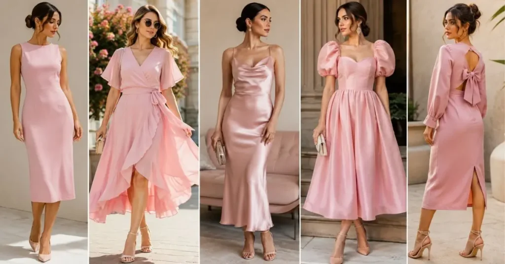 Pink dress trends 2026 featuring minimalist cuts, flowy silhouettes, satin fabrics, puff sleeves, and modern cut-out styles in a clean fashion collage.