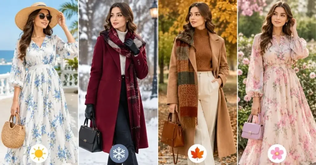 Seasonal modern styles for women featuring summer, winter, fall, and spring outfits.