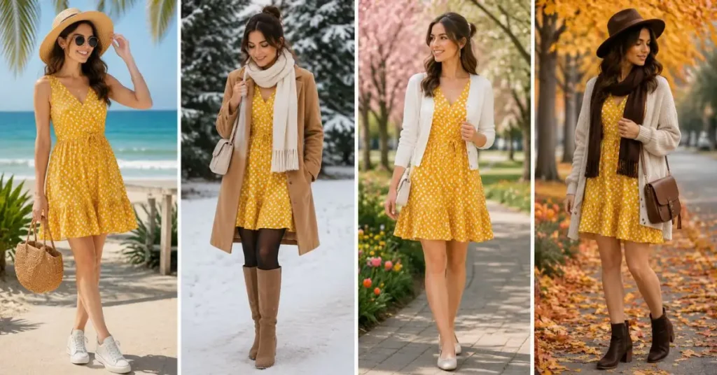Woman styling a yellow polka dot dress for summer, winter, spring, and autumn with seasonal layers, footwear, and accessories.