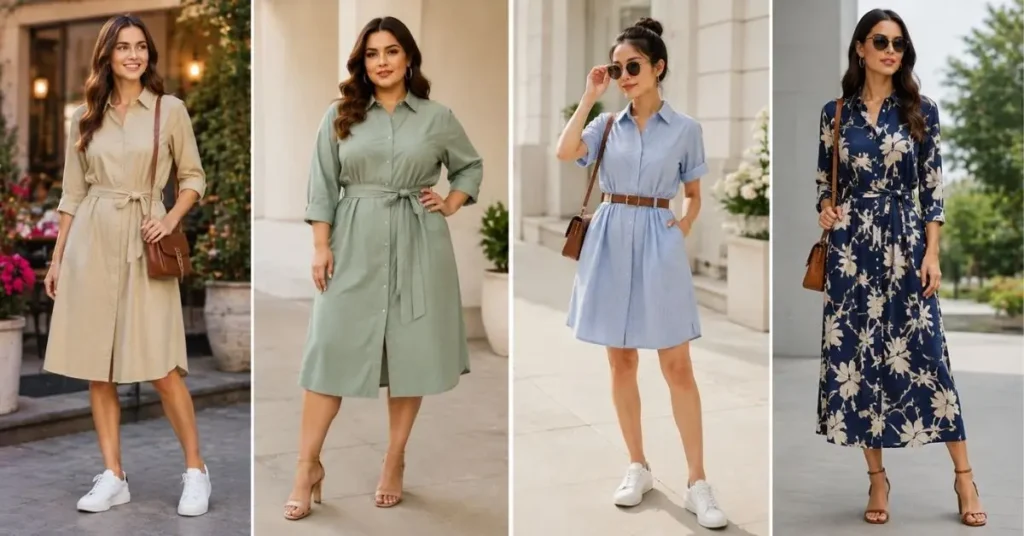 A four-panel fashion collage showing shirt dresses styled for different body types, including slim, curvy, petite, and tall figures, with varied lengths, fits, and patterns.