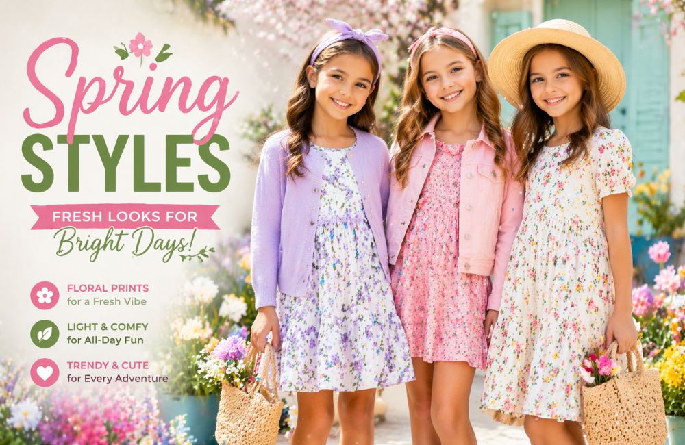 Spring styles girls wearing floral and colorful outfits in a bright garden setting