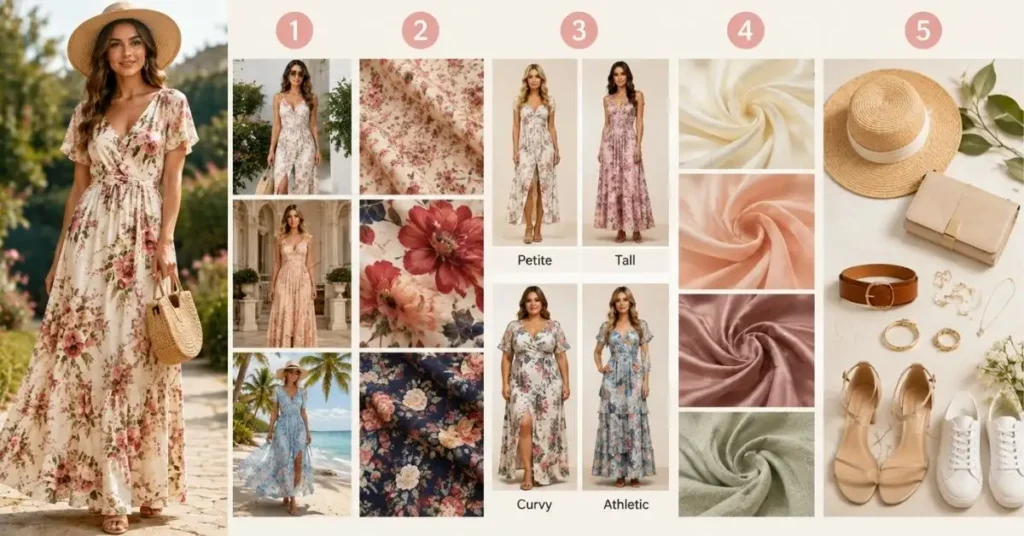 Step-by-step guide to choosing the right floral maxi dress, featuring occasion-based styles, floral prints, body-type silhouettes, fabric choices, and accessories for women.