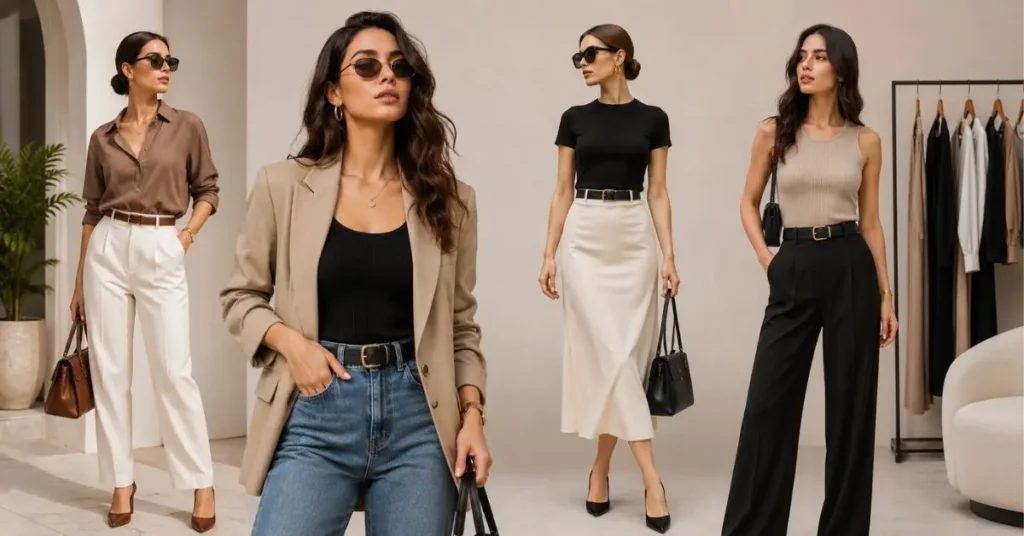 Stylish woman wearing a modern fashionable outfit with elegant accessories and footwear.