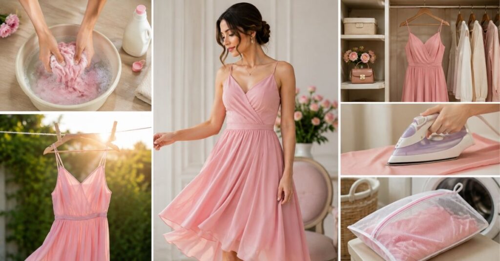 Pink dress care tips showing gentle washing, air drying, proper storage, low-heat ironing, and separating colors in a clean lifestyle collage.
