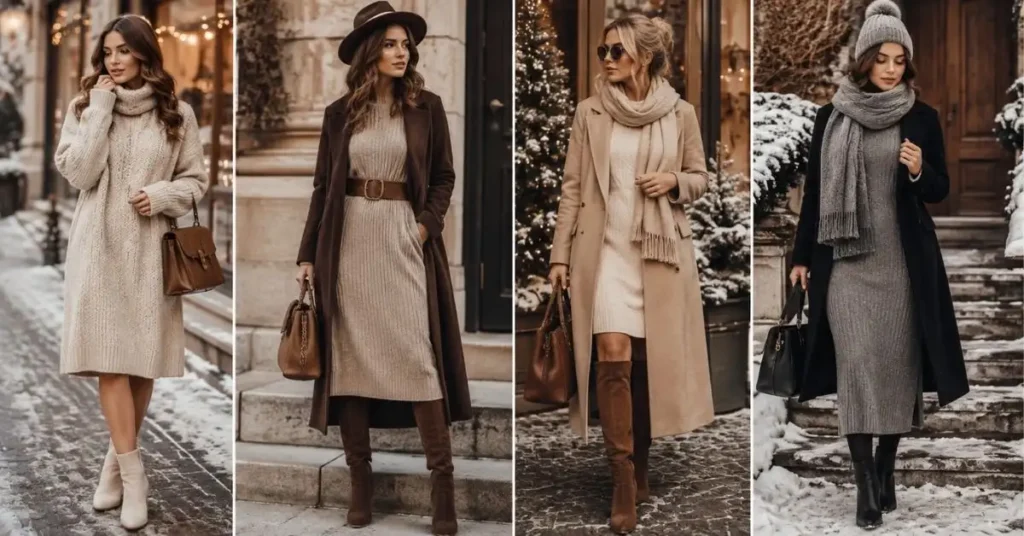 Trending cold season outfits for women featuring oversized knit dresses, belted winter looks, neutral colors, long coats, scarves, and stylish boots in snowy settings.