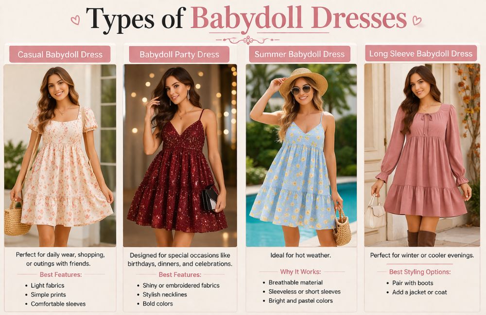 Fashionable babydoll dress types for casual and party wear."