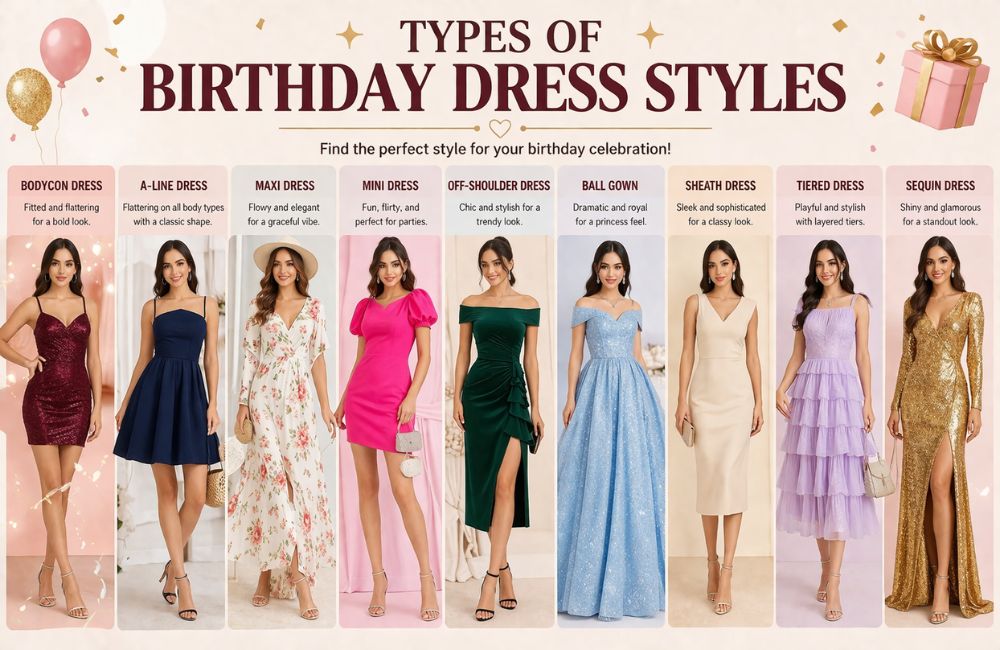 “Different styles of birthday dresses for women including casual, party, and formal looks”