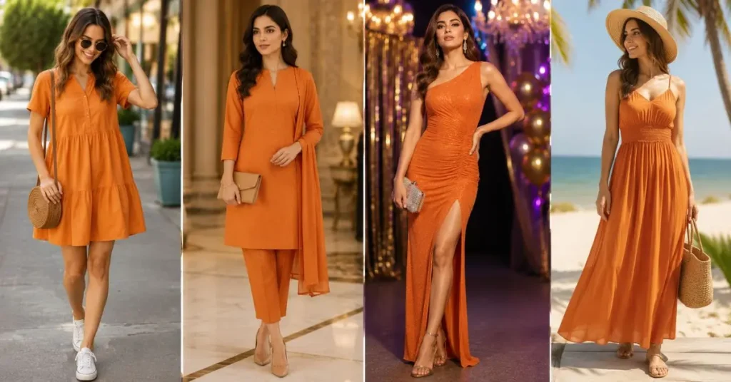 Four women wearing stylish orange outfits for casual, formal, party, and summer occasions.