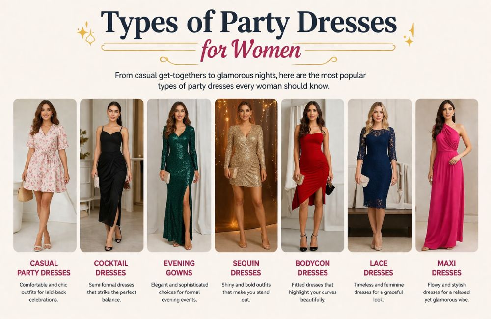 Different types of party dresses for women, including casual, cocktail, evening, sequin, bodycon, lace, and maxi styles