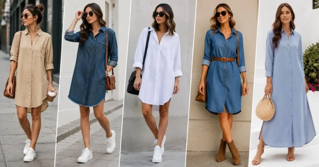 Collection of shirt dress styles for women including casual, denim, oversized, belted, and long designs styled for modern everyday fashion.
