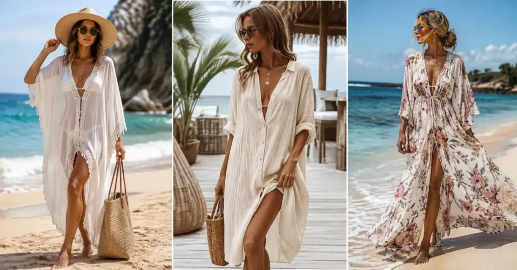 Three women wearing stylish, lightweight beach dresses in white and floral designs by a sunny seaside, showcasing breezy coastal outfits.