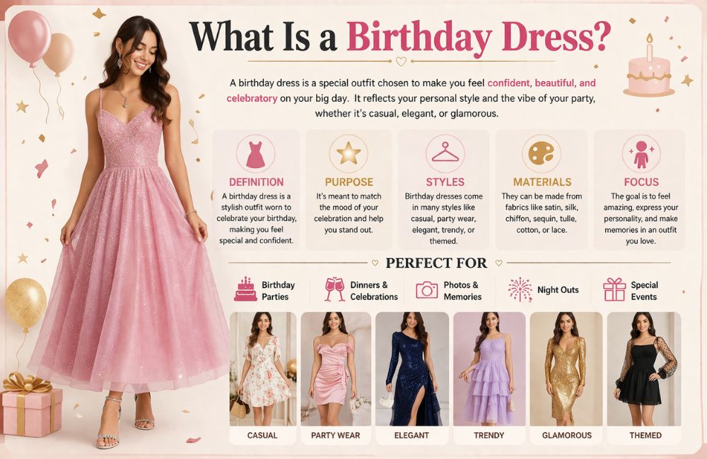 “A birthday dress is a special outfit worn by women to celebrate their birthday.”