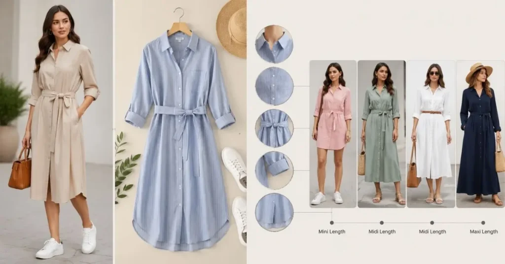 A clean fashion collage showing different shirt dress styles, including a belted beige midi, a striped button-down dress flat lay, and models wearing mini, midi, and maxi shirt dresses in soft neutral colors.