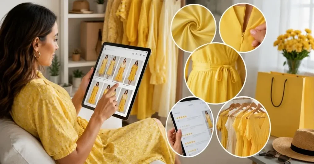 Woman shopping online for yellow dresses with fabric details, stitching, reviews, and style options shown for smart buying decisions.