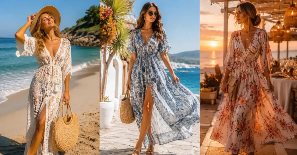 Three women wearing breezy summer beach dresses in white, blue, and floral styles, shown at the beach, seaside promenade, and sunset dinner setting.