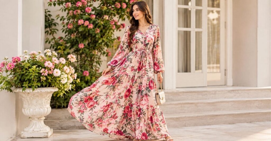 Elegant woman wearing a floral maxi dress in a beautiful garden setting.