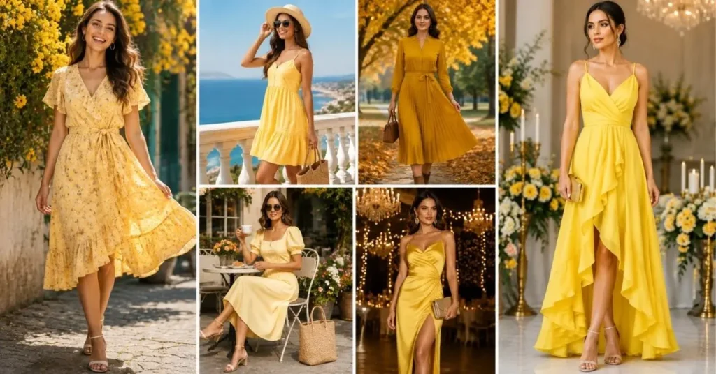 A vibrant fashion collage showing women wearing yellow dresses in different styles and settings, including casual daytime looks, seasonal outfits, and elegant evening wear.