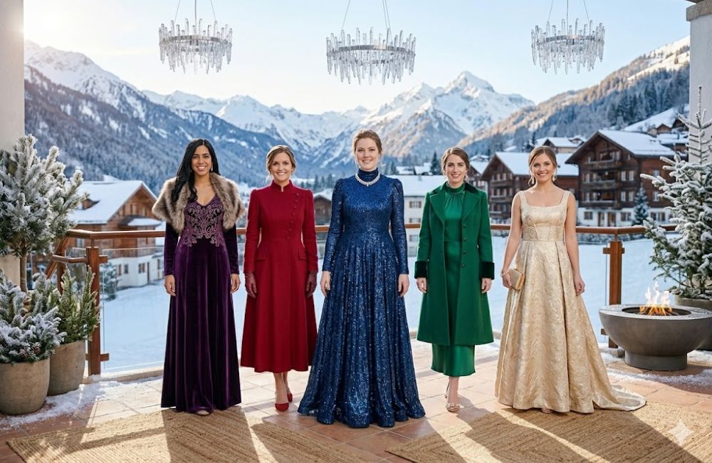 "Collection of trendy winter fancy dresses in cozy fabrics and chic designs for women."