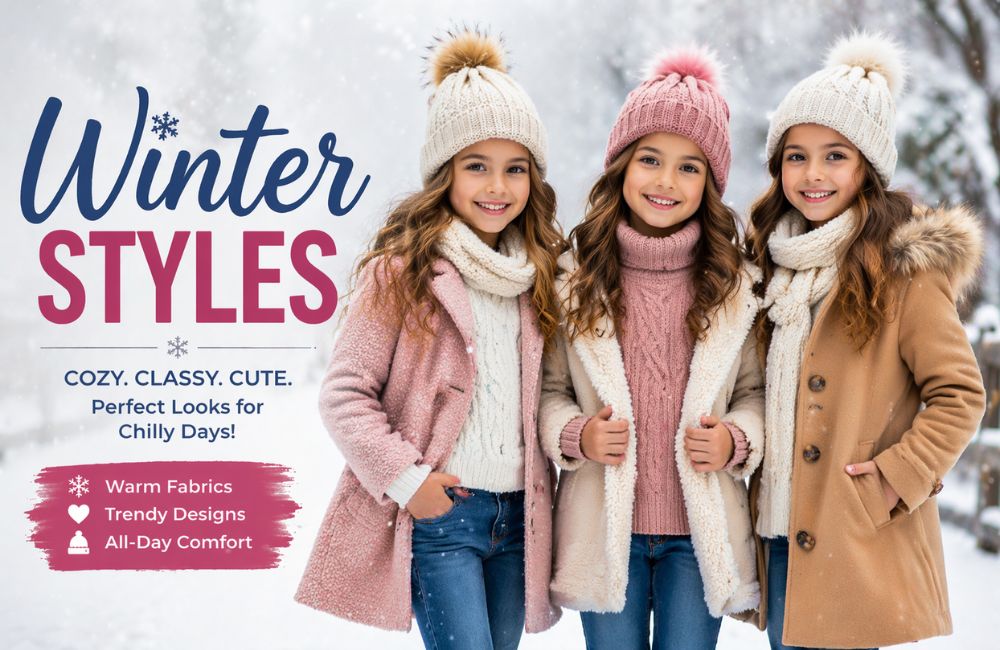 Stylish girls in winter outfits with coats, scarves and wool hats in snowy background