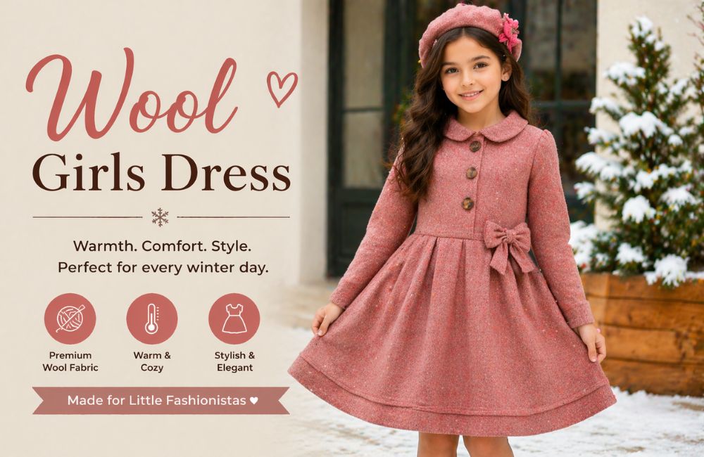Wool girls dress with warm fabric, cozy design and stylish winter look