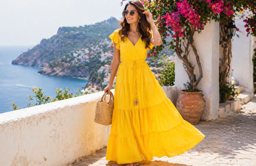 Woman wearing a flowy yellow maxi outfit on a sunny coastal terrace, styled with sunglasses and a straw handbag, creating a relaxed, elegant vacation look.