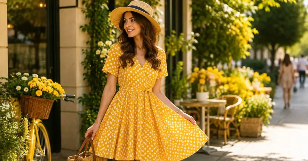 Woman wearing a yellow polka dot dress in a stylish outdoor setting, showcasing a gorgeous and trendy fashion look.