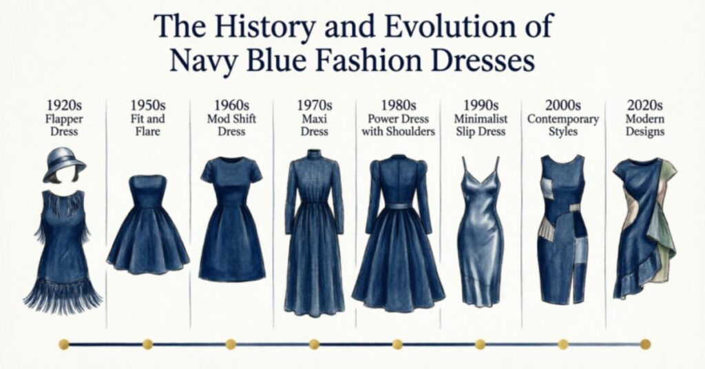 Stylish navy blue fashion dresses representing historical and modern outfit designs in elegant tones