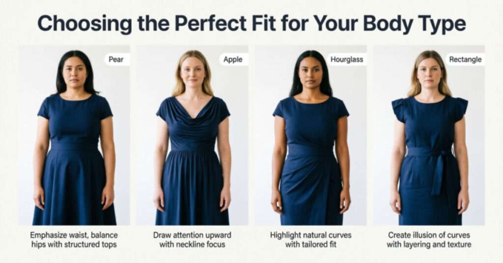 Woman selecting the perfect dress fit based on her body type for a balanced and stylish look