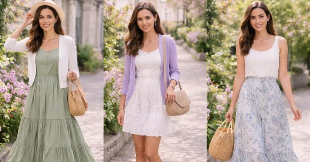 Chic summer styling outfit featuring lightweight clothing, bright seasonal colors, and fashionable accessories designed for a cool and comfortable warm-weather look.