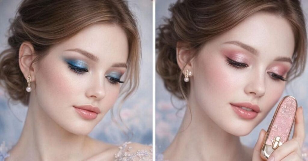 Soft glam makeup ideas paired with a light blue outfit featuring natural tones, glowing skin, and elegant beauty styling