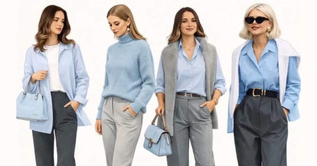 Seasonal styling tips for light blue outfits featuring layered fashion looks for spring, summer, autumn, and winter