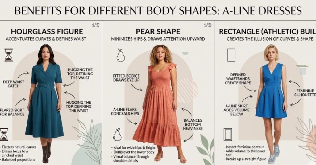 Illustration showing the benefits of A-line dresses for different body shapes including pear, apple, and hourglass figures, highlighting how each style enhances proportions and creates a flattering silhouette.