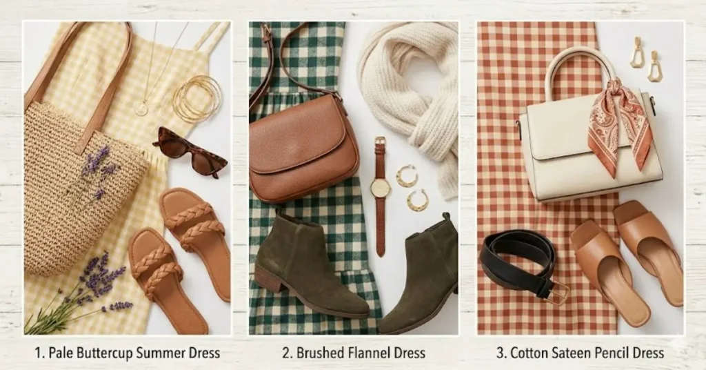 Fashion accessories that perfectly match gingham outfits, including straw hats, woven handbags, elegant heels, sunglasses, and delicate jewelry for a chic and timeless style.