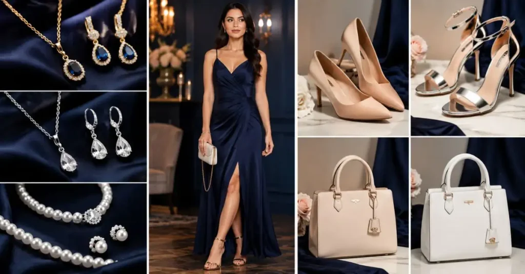 Accessories that match a navy blue dress, including gold and silver jewelry, nude and metallic heels, pearl jewelry, and white handbags.