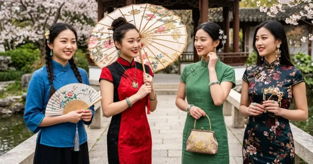 Elegant accessories that perfectly match oriental fashion including pearl jewelry, embroidered handbags, satin heels, and traditional Chinese-inspired evening wear styling