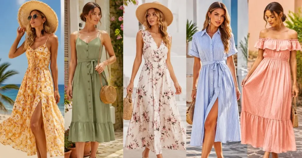 American Dresses for Summer Fashion featuring stylish women wearing elegant floral, pastel, linen, and maxi summer outfits in a bright outdoor setting, showcasing trendy warm-weather fashion with lightweight fabrics and seasonal accessories.