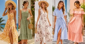 American Dresses for Summer Fashion featuring stylish women wearing elegant floral, pastel, linen, and maxi summer outfits in a bright outdoor setting, showcasing trendy warm-weather fashion with lightweight fabrics and seasonal accessories.