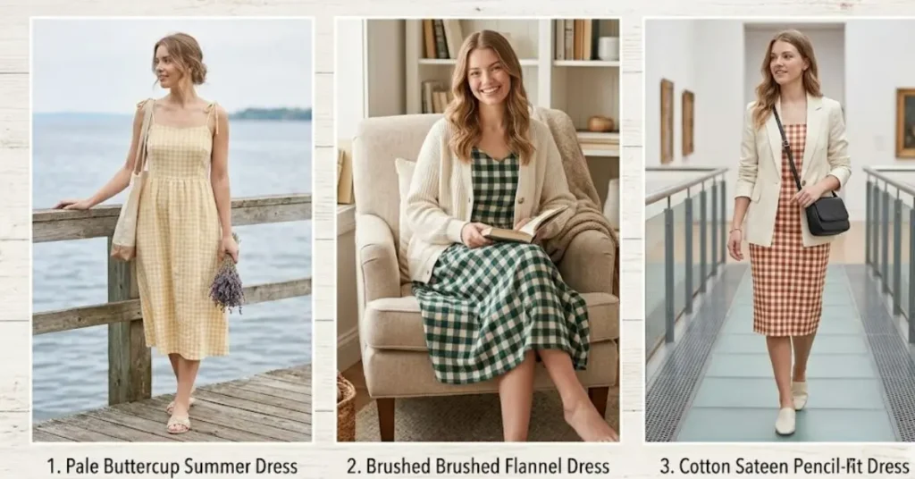 Elegant gingham fashion outfits featuring classic checkered patterns in soft pastel and bold colors, made with lightweight cotton and breathable fabrics for a timeless chic style.