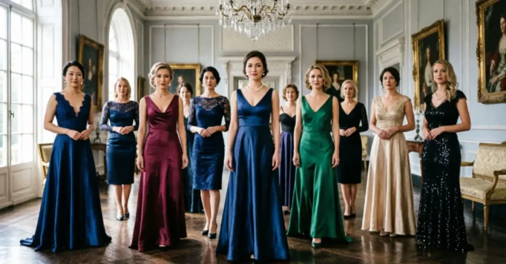 Best England Party Wear Dresses for different occasions featuring elegant British-inspired outfits for weddings, cocktail parties, formal events, birthday celebrations, and festive gatherings.