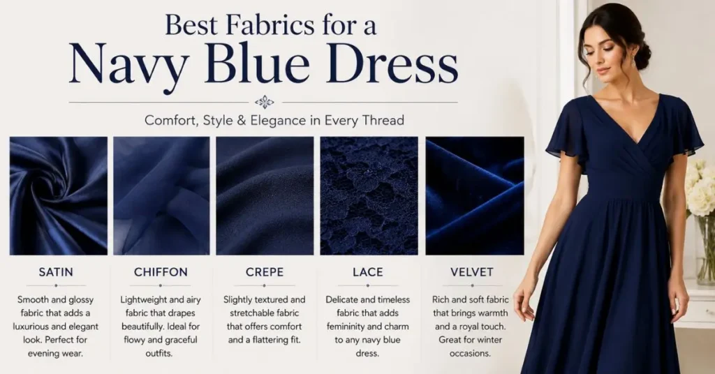 Fashion guide showing the best fabric choices for a navy blue dress such as satin, chiffon, and crepe