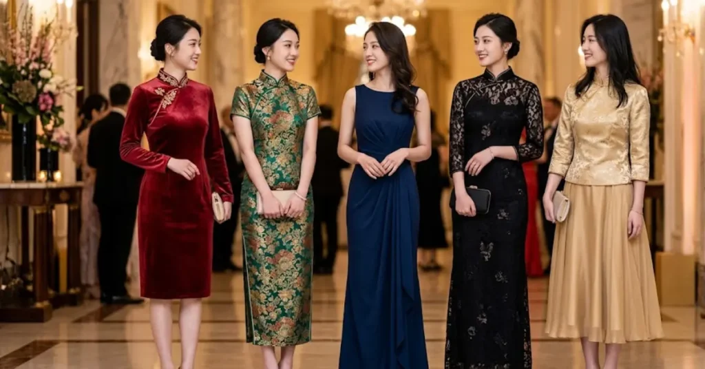Luxury fabrics used in Chinese evening outfits including silk, satin, velvet, and chiffon for elegant oriental-inspired party fashion styles