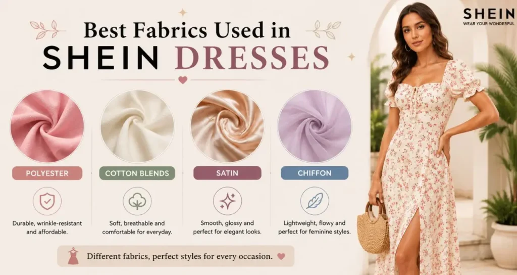 Best Fabrics Used in Shein Dresses: Polyester, cotton blends, rayon, chiffon, satin, and lace for stylish, comfortable outfits.