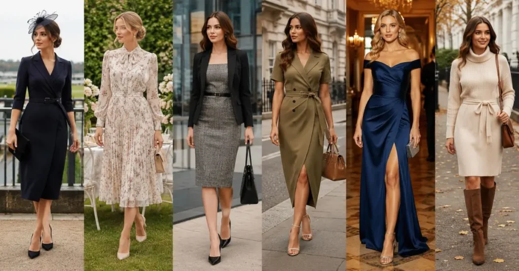 Elegant modern British fashion dresses displayed by stylish female models in a contemporary London-inspired setting, featuring the latest UK fashion trends, sophisticated silhouettes, premium fabrics, and chic 2026 street-style aesthetics.