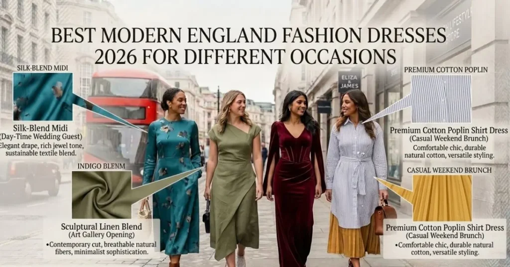 A curated selection of the best modern England fashion dresses 2026 for different occasions, featuring elegant evening gowns, stylish casual wear, chic party dresses, and sophisticated formal outfits reflecting contemporary British fashion trends.
