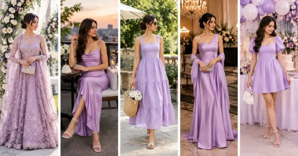 Women wearing lilac outfits styled for different occasions, including elegant wedding attire, romantic date night looks, casual summer dresses, formal evening gowns, and playful birthday party outfits in soft purple tones.