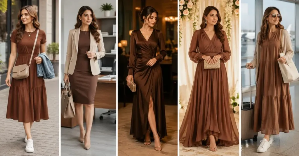 Brown dress styled for different occasions including casual day out, office wear, evening event, wedding guest look, and travel outfit in a modern fashion collage.
